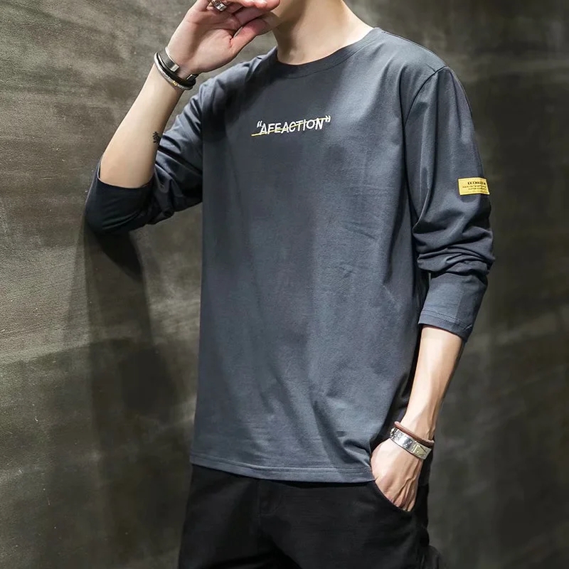 เสื้อยืดแขนยาวลําลอง เข้ารูป สีเทา สีดํา สไตล์เกาหลี สําหรับผู้ชาย ไซซ์ M - 3XL
