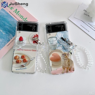 Jusheng เคสโทรศัพท์มือถือ ลายแมวชาบ่าย สามชิ้น แฟชั่น สําหรับ Samsung Z Flip4 Z Flip3