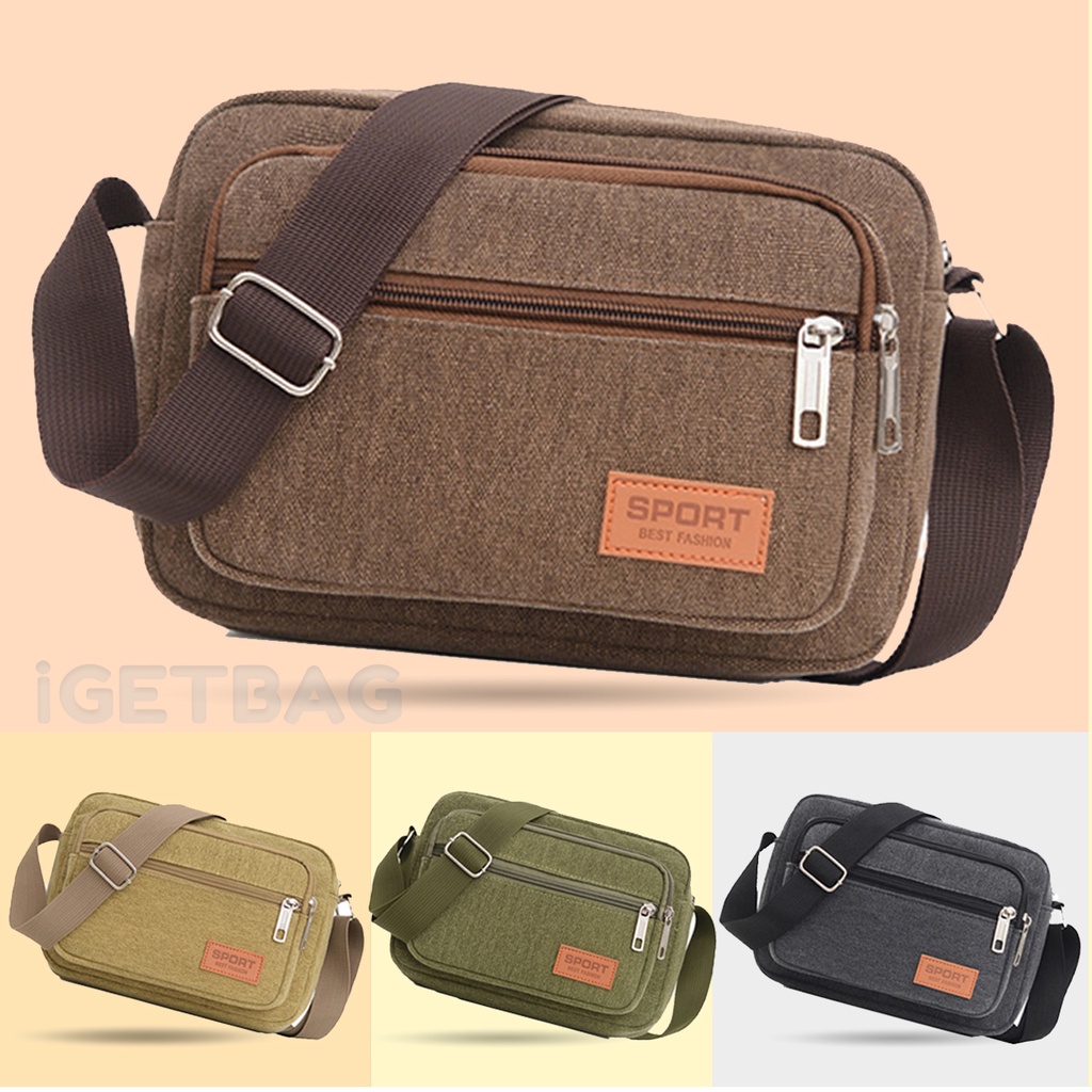 (w98)กระเป๋าสะายข้างผ้าแคนวาส ซิปเยอะ ลายเรียบแต่เท่ vgetbag