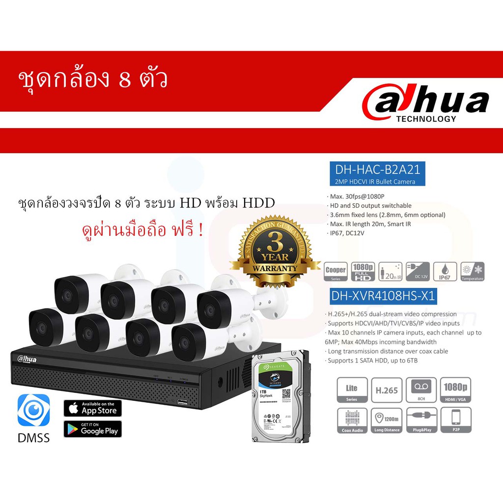 ชุดกล้องวงจรปิด 8 กล้อง พร้อมเครื่องบันทึก 8 ช่อง Dahua XVR4108HS-X1 + HAC-B2A21+HDD 1TB