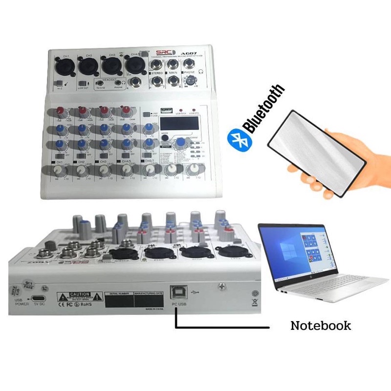 มิกเซอร์ SRC รุ่น AG07 มี ดิจิตอล เอฟเฟคในตัว ช่องเสียบไมโครโฟน 4 ช่องหูฟัง 2 เชื่อมต่อสัญญาน เสียงผ่าน บลูทูรชได้