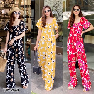 Jumpsuit จั๊มสูทลายดอกขายาว เนื้อผ้า100D เนื้อผ้าไม่หนาใส่สบาย มีกระเป๋าสองข้าง ซิปหลังด้วยจ้า ลายนี้น่ารักมากกก