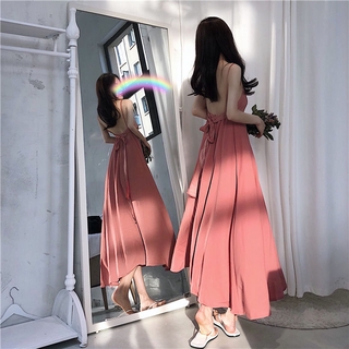 ราคาพร้อมส่ง 2สี Dress Korean เดรสโชว์หลังผูกโบว์ ชุดไปทะเลสีดำ เดรสยาวสายเดี่ยว เดรสเกาหลีผู้หญิง