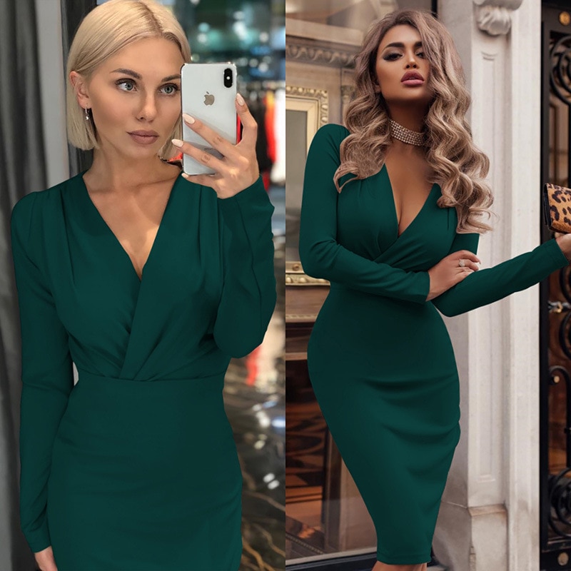Women Vintage Sexy Bodycon Slim Party Dress Long Sleeve Deep V neck ...