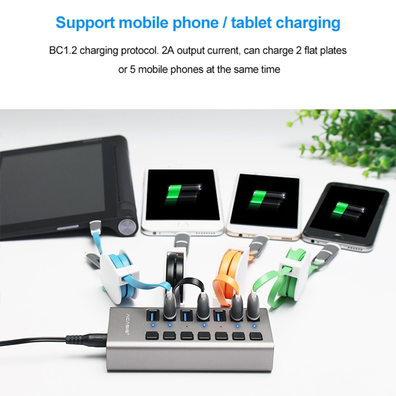 ACASIS 7 Port USB 3.0 HUB Support BC1.2 Charging with 12V Power Adapter Aluminum USB Splitter For  Accessories Desktop OTG