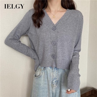 IELGY เสื้อคาร์ดิแกน เสื้อกันหนาว ใหม่ นุ่ม อบอุ่น ด้านบน คอวี แขนยาว แบบถัก สั้น สําหรับผู้หญิง