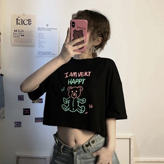 (พร้อมส่ง) เสื้อยืด เสื้อครอป เสื้อoversize สไตล์เกาหลี ลายหมี สีขาว,ดำ