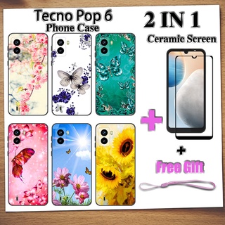 2 IN 1 Tecno Pop 6 เคสโทรศัพท์ พร้อมกระจกนิรภัย เซรามิค ป้องกันหน้าจอ โค้ง ฟิล์มนิรภัย ผีเสื้อ