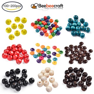 Beebeecraft ลูกปัดไม้ธรรมชาติ ทรงกลม ย้อมสี 100~500 ชิ้น สําหรับทําเครื่องประดับ แฮนด์เมด DIY