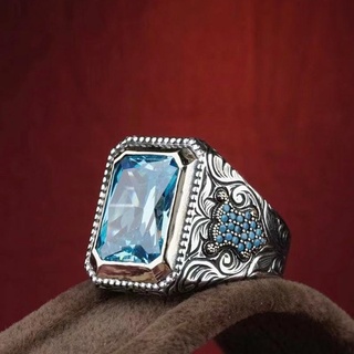 Aquamarine แหวนเพชรคริสตัลไทเทเนียมสีเงินสไตล์พังก์สําหรับผู้ชาย