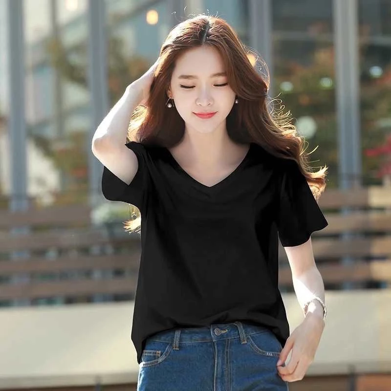เสื้อยืดคอวี⛳️ผ้าสแปนเด็กซ์ สีพื้นสไตล์เกาหลีใส่สบายผ้านิ่ม #635