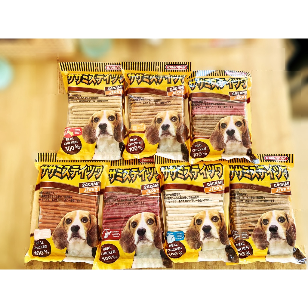 สติ๊กบ้านกระดูก BANKADUK SASAMI JERKY STICK รสรวม, ไก่, ตับ, เนื้อ นม ปลาหมึก แซลม่อน ขนมหมา​ สติ๊กนิ่ม ขัดฟัน ขนาด 500g