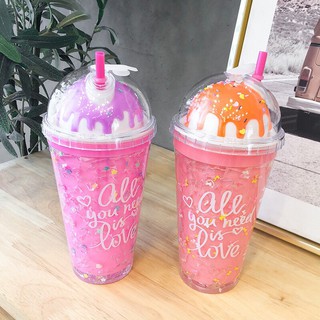 🌈แก้วน้ำสีพาสเทล🌈 ลายไอศครีมวิปครีม🍦🍦 แก้วน้ำเก็บความเย็น ฝาเกลียว พร้อมกับหลอด  ขนาด 430 ml.
