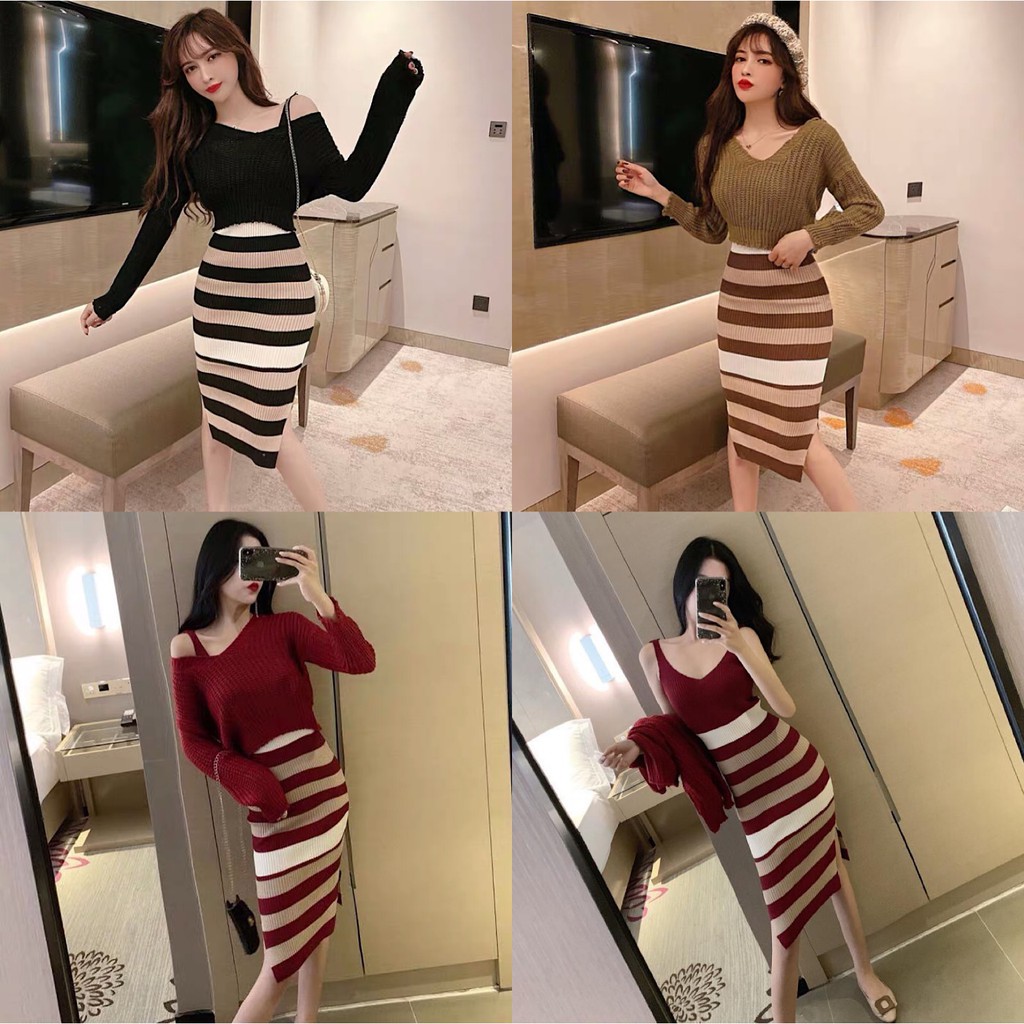 cici(พร้อมส่ง)NEW ชุดเช็ตไหมพรมลายริ้วมาพร้อมกับเสื้อไหมพรมครอปคอวี(136)