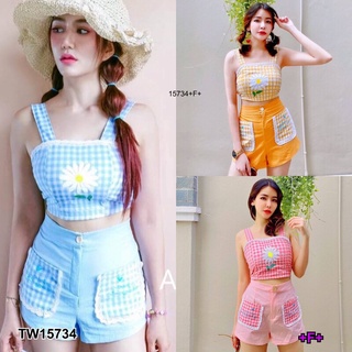 MM15734 set 2 ชิ้น เสื้อครอปสายเดี่นวลายสก็อต + กางเกงขาสั้นเแปะกระเป๋าหน้า Set of 2 pieces, plaid single-breasted crop