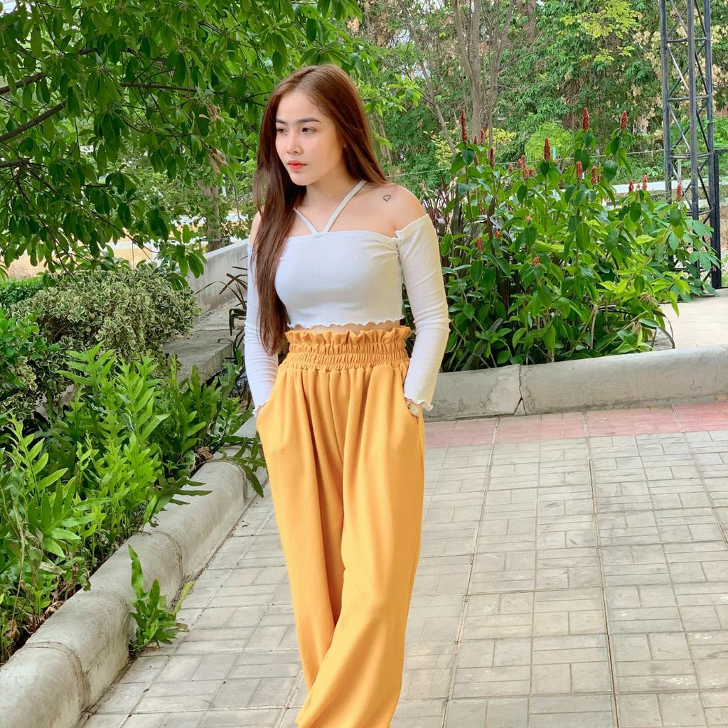 MesubShop กางเกงเอวสูง กางเกงเก็บพุง มีประเป๋าข้าง ผ้าวูลเวฟ ขอบเอวหยัก เอวสูงปรี้ด อะตอม ซาลาเปา