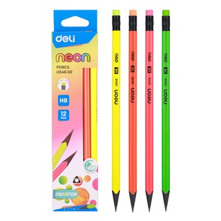 Deli Graphite Pencil ดินสอไม้ HB 2B  ทรง 3 เหลี่ยมสีนีออน แพ็ค 12 แท่ง ดินสอ ดินสอไม้ ดินสอดำ ดินสอHB