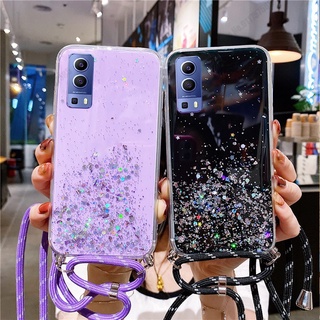 เคสโทรศัพท์มือถืออีพ็อกซี่ใส แบบนิ่ม ลายดาว มีสายคล้อง สําหรับ VIVO Y15S Y15A Y21 Y21T Y30 Y31 Y33S Y33T Y50 Y51 Y52 Y72 Y76 Y76S VIVO S1 S1Pro