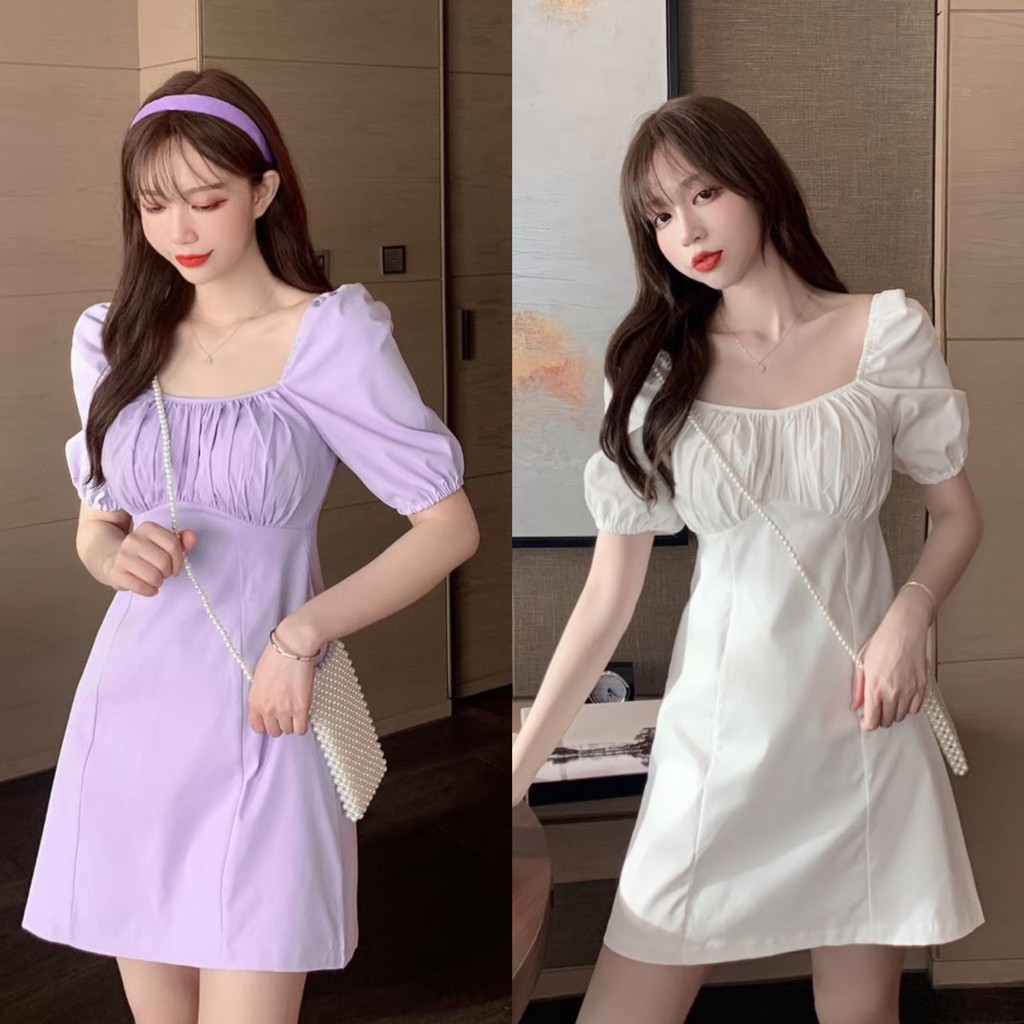 Korean ชุดเดรส กระโปรงสั้นเหนือเข่า ตรีมฝรั่งเศษ เรียบหรู ดูคุณหนูผู้ดี มีสองสี ขาวสะอาด ม่วงพาสเทล 672