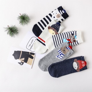 🧦พร้อมส่ง 🔥🐻ถุงเท้าข้อสั้นแฟชั่น เซท 5 คู่ 5 ลาย ลายเย็บน้องหมีน่ารัก  เนื้อผ้าคอตตอน cotton งาน 3 มิติ