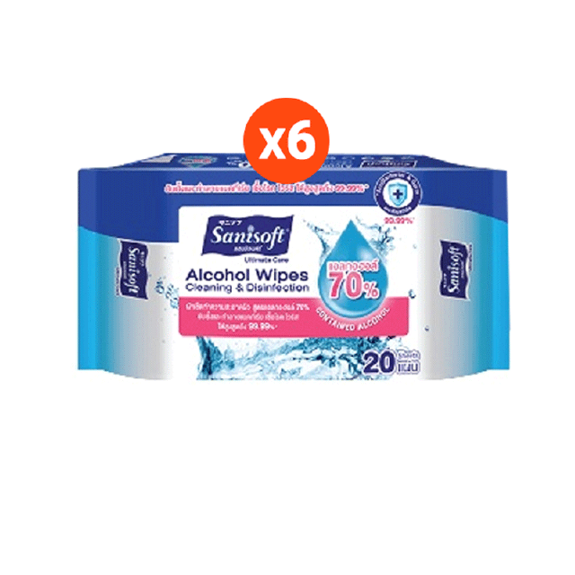 [แพ็คสุดคุ้ม X 6ห่อ] Sanisoft 70% Alcohol Wipes 20