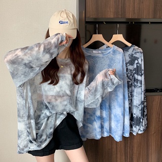 พร้อมส่ง เสื้อยืดลําลอง แขนยาว คอกลม ผ้าตาข่าย ทรงหลวม สีมัดย้อม สําหรับสตรี