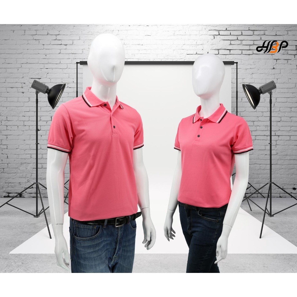 เสื้อโปโลสีชมพูพีชขลิบดำ ขาว แขนจั้ม เนื้อผ้า TK
