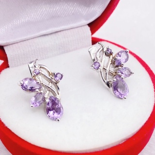 U6453 ต่างหูพลอยอเมทิสต์แท้ ( Amethyst ) แบบอิงลิชล็อค ตัวเรือนเงินแท้ 925 ชุบทองคำขาว