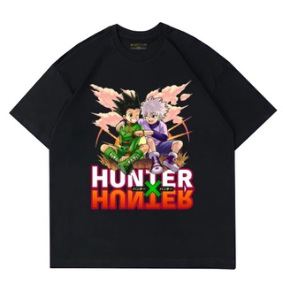 แขนสั้นcrew neckเสื้อยืด พิมพ์ลายอนิเมะ Hunter X Hunter KILLUA สีดําS-XXXXL