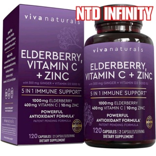 ลด80% นำเข้า🇺🇸 Ex09/23 Viva Naturals Elderberry VitaminC Zinc VitaminD3 5000 IU 5 in 1 Daily Immune Support 120 แคปซูล