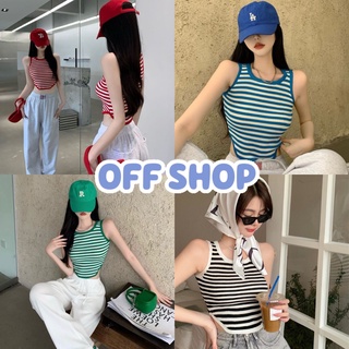 OFF SHOP พร้อมส่ง (OFF-59806)  เสื้อกล้ามไหมพรม คอกลม ดีเทลลายทาง ปลายเสื้อโค้งเก๋ๆ