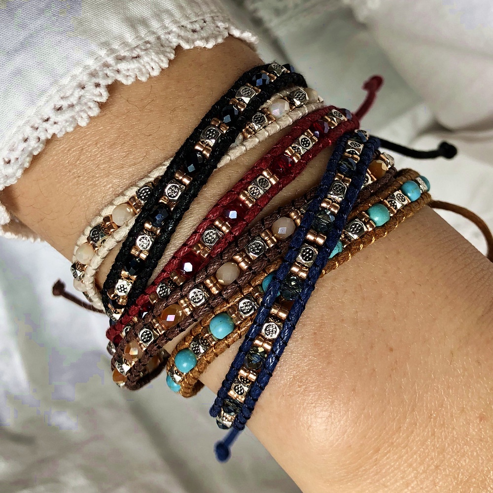 สร้อยข้อมือทอโบฮีเมียนแบบถัก เมล็ดลูกปัด สำหรับผู้หญิง พร้อมลายชาติพันธุ์สวยงาม