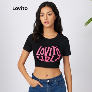 0819DELIST-Lovito เสื้อยืด เสื้อครอปแขนสั้น คอกลม ลายตัวอักษร สไตล์ลำลอง L21AS086 (สีดำ)