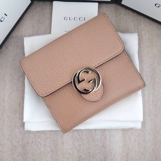 (ผ่อน0%) กระเป๋าสตางค์ หนังแท้ สีเบจ  ใบสั้น gucci small wallet