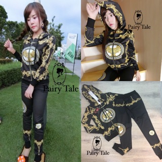 setเสื้อแจ็ดเก็ตซิปทองหน้า พร้อมฮูด +กางเกง