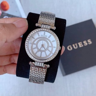 (ผ่อน0%) นาฬิกา  GUESS Womens Crystals Silver Stainless Steel Bracelet W1008L1  ✔️หน้าปัดกลม ล้อมคริสตัล 32 มม.