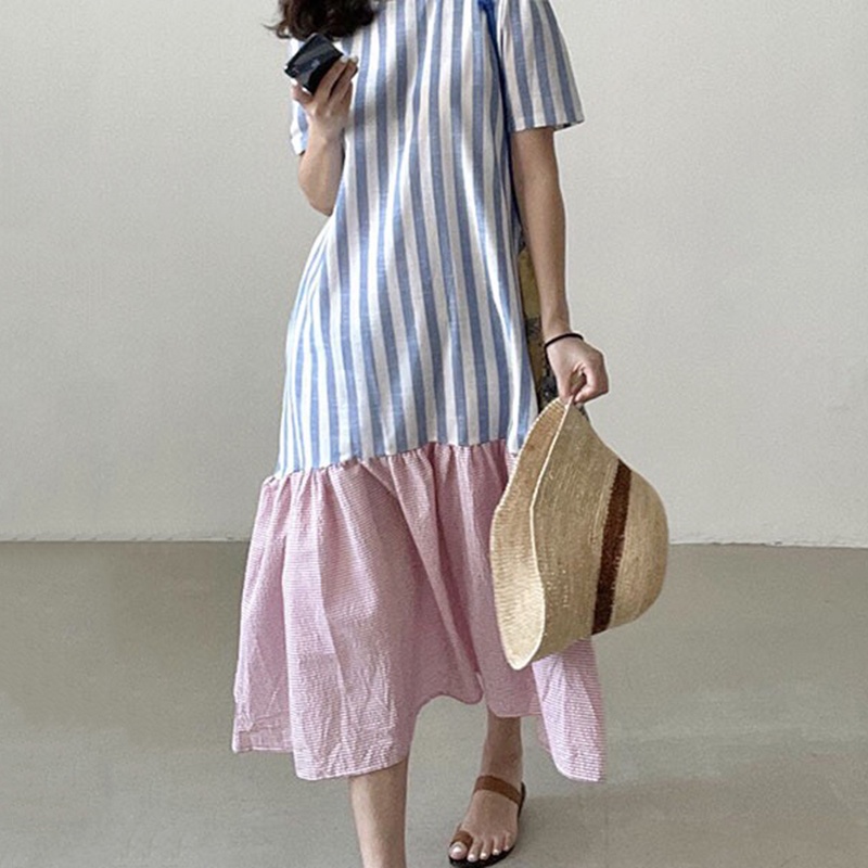 พร้อมส่ง baby blue strip dress C2633 เดรสยาวมินิมอล เดรสยาวมินิมอลลายทาง
