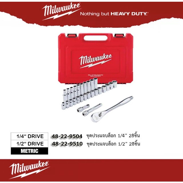 Milwaukee 48-22-9510 1/2" หรือ 48-22-9504 1/4" Metric Ratchet and Socket 28 pcs Set ชุดประแจบล็อก 28
