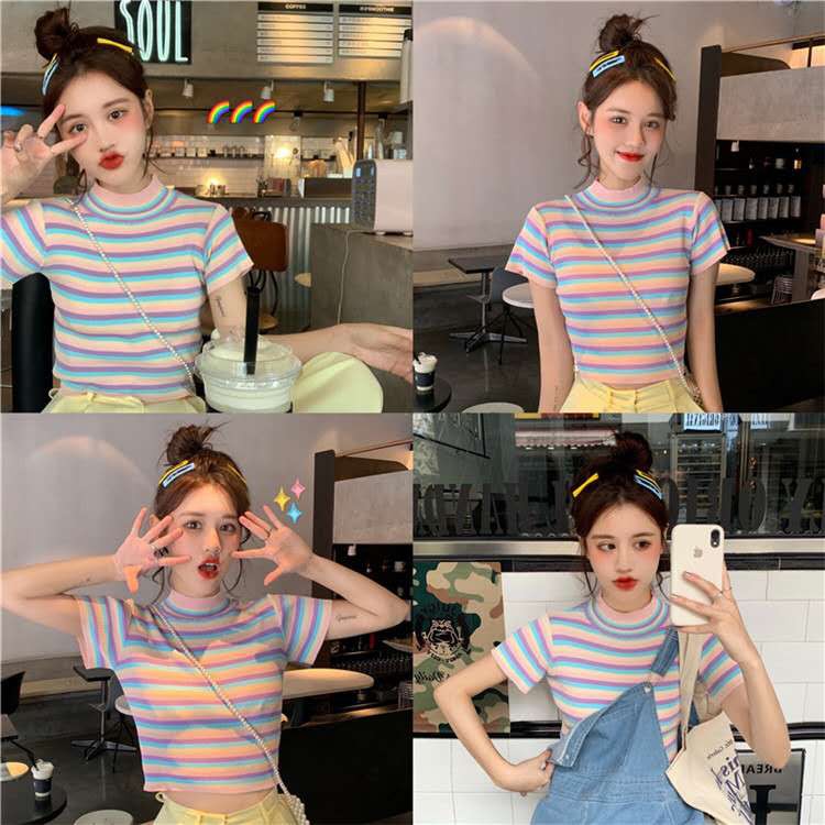 Bonnie(พร้อมส่ง/ใหม่)ส่งจากไทยเสื้อแขนสั้นลายทางสีรุ้งแฟชั่นสตรีรุ่น#006