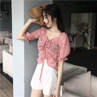 พร้อมส่ง 🍍งานเสื้อลายดอกรูดหน้า สายเกา น่ารักเซ็กซี่ งานเกาหลีนำเข้า 💗