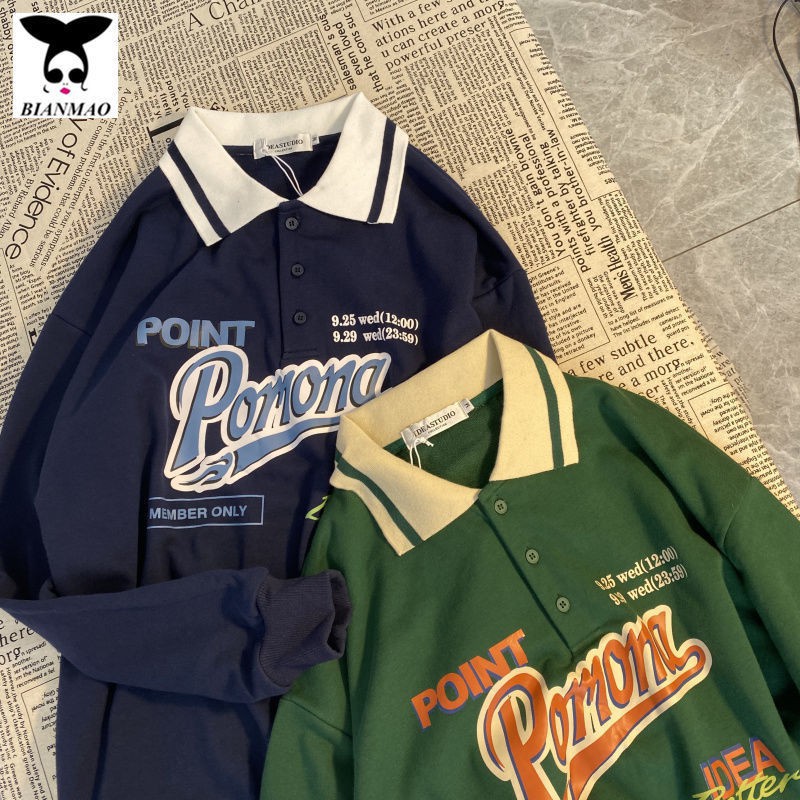 crop แขนยาวAutumn long-sleeved POLO sweater for female students Korean loose ins tide shirt collar c