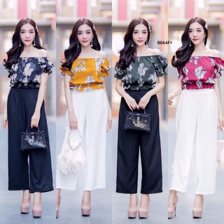 👗Pfashion [ส่งไว!!🚛] P8664 Set เสื้อปาดไหล่ลายดอก + กางเกงขายาวทรงเอวสูง Set of floral print off shoulder top