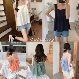 Cicishop(979)เสื้อกล้ามผ้าฝ้าย คอเหลี่ยม ปลายแต่งระบาย เพิ่มระดับความหวานด้วยการผูกโบวที่หลังสไตล์เกาหลี