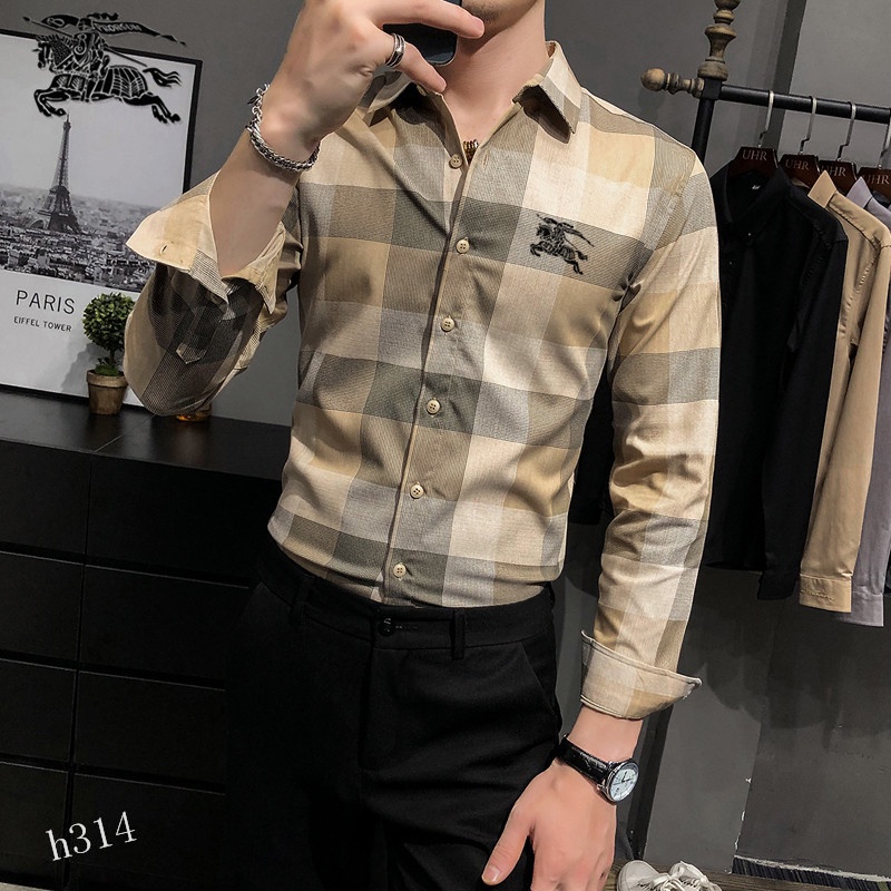 High Quality British Men's Brand burberry Long Sleeve Checkered Business Dress Shirts Cotton Office Plaid Men T-shirts D #4