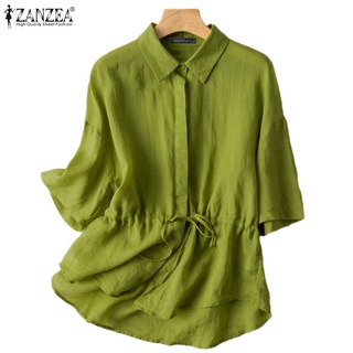 Zanzea เสื้อลําลอง แขน 3/4 ทรงหลวม กระดุมหน้า สีพื้น สําหรับสตรี