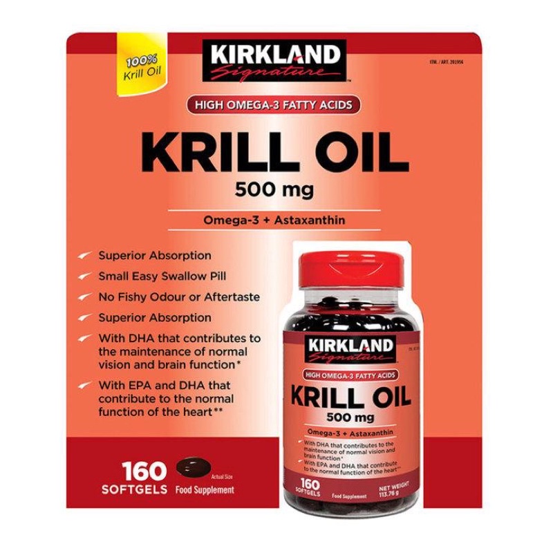 Kirkland Krill Oil 500mg Omaga 3+Astaxantin (160Softgels)