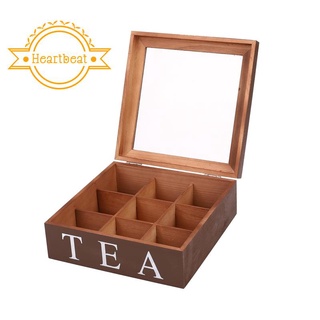 Wooden 9 Grids Tea Box Tea Bags Container Storage Box Square Gift Box Case Transparent Top Lid Jewelry Storage Box-Red Wine color