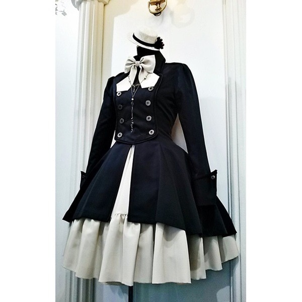 Medieval Retro Gothic Black Lace U Chain Bow Lolita Coat Long Sleeves Ruffle Classic Lolita Dress Slim Knee Length Cosla #3