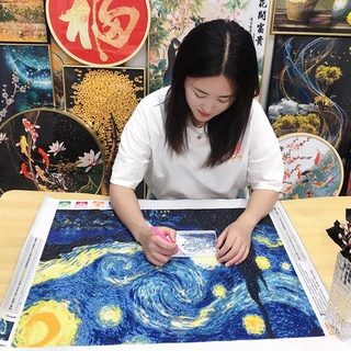 ภาพวาด Starry Night 5D แบบครอสติชเพชร DIY ภูมิทัศน์ปัก Van Gogh 3D ทาสีรอบเพชรของขวัญตกแต่งผนัง