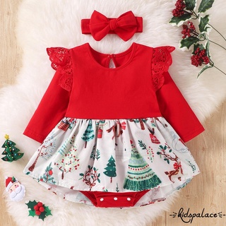 BbQ-Baby Girls Romper with Headband, Christmas Tree Print Long Sleeve Dress for Toddlers